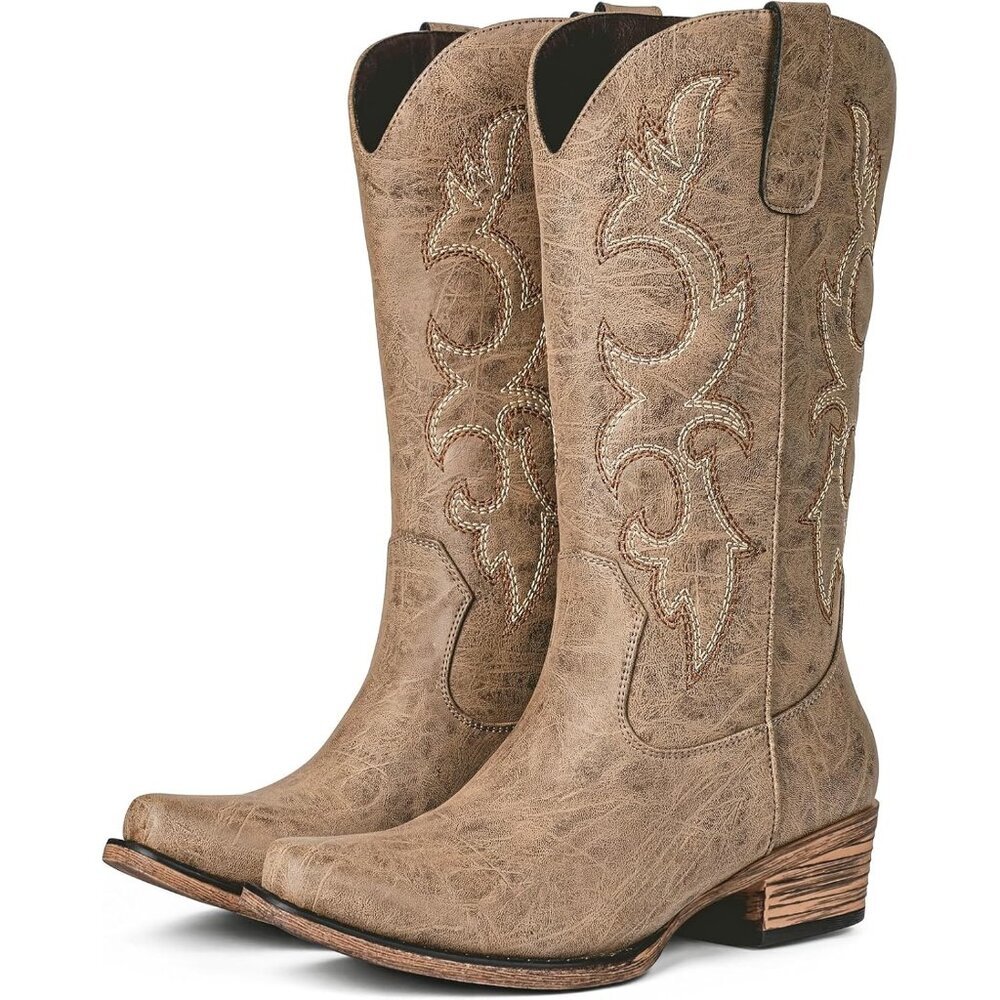 ⚡Women's Camel Embroidered Cowgirl Boots Western Mid Calf Fashion Chunky Heel - Picture 1 of 5